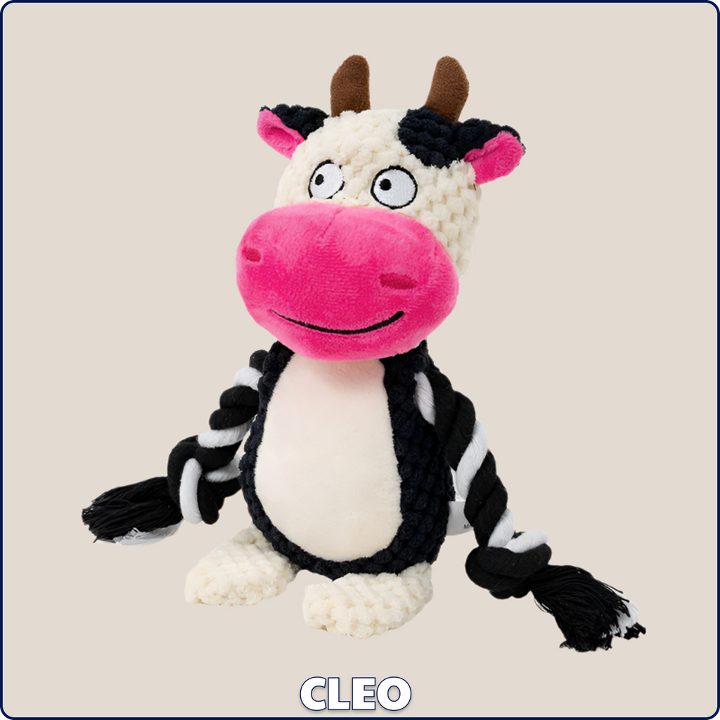 🐄 Cleo the Cow – Goofy-Eyed Friends™ Plush Squeaky Dog Toy